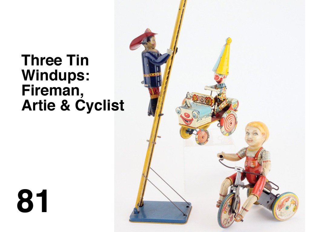 Three Tin Windups: Fireman, Artie & Cyclist: all lithographed tin clockwork: includes Marx Smokey Joe Climbing Fireman with ladder along with two toys by Unique Art: Kiddie Cyclist and Unique Artie Clown Car - all in nice working condition Size: