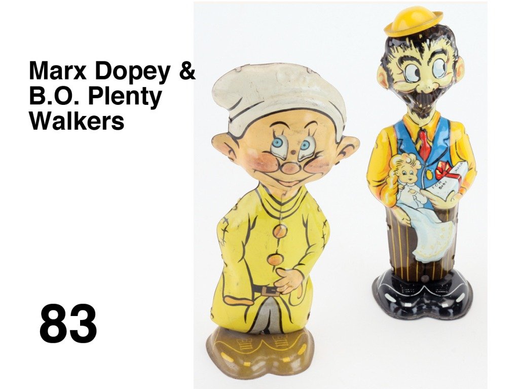 Marx Dopey & B.O. Plenty Walkers: embossed lithographed tin clockwork character toys Size: appr. 8.25" t. ea.