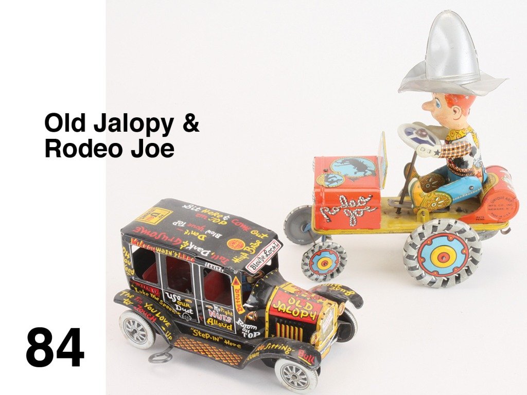 Old Jalopy & Rodeo Joe: lithographed tin clockwork toys - 'Rodeo Joe' by Unique Art (some bending and creasing to hat) and Marx Old Jalopy (slight bend to front of roof) Size: appr. 7" l. each