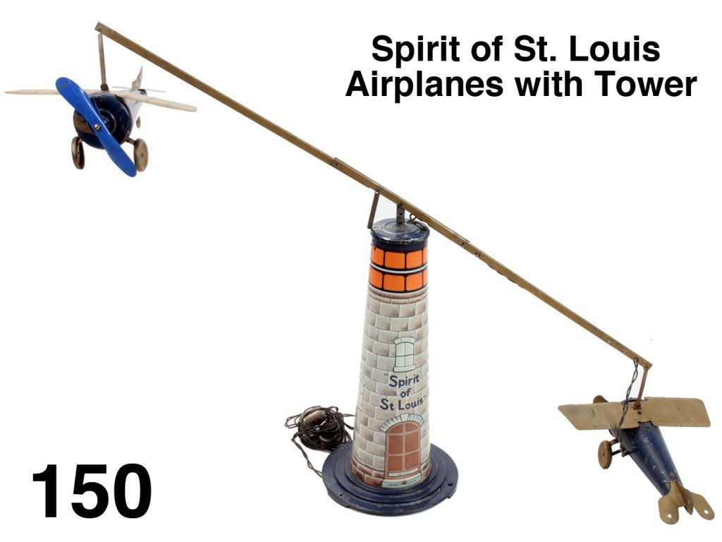 Spirit of St. Louis Airplanes with Tower: lithographed tin and painted tin electric toy by United Electrical Mfg. & Co., the 2 painted pressed steel planes fly around the colorful lithographed tin tower when plugged into household current, th