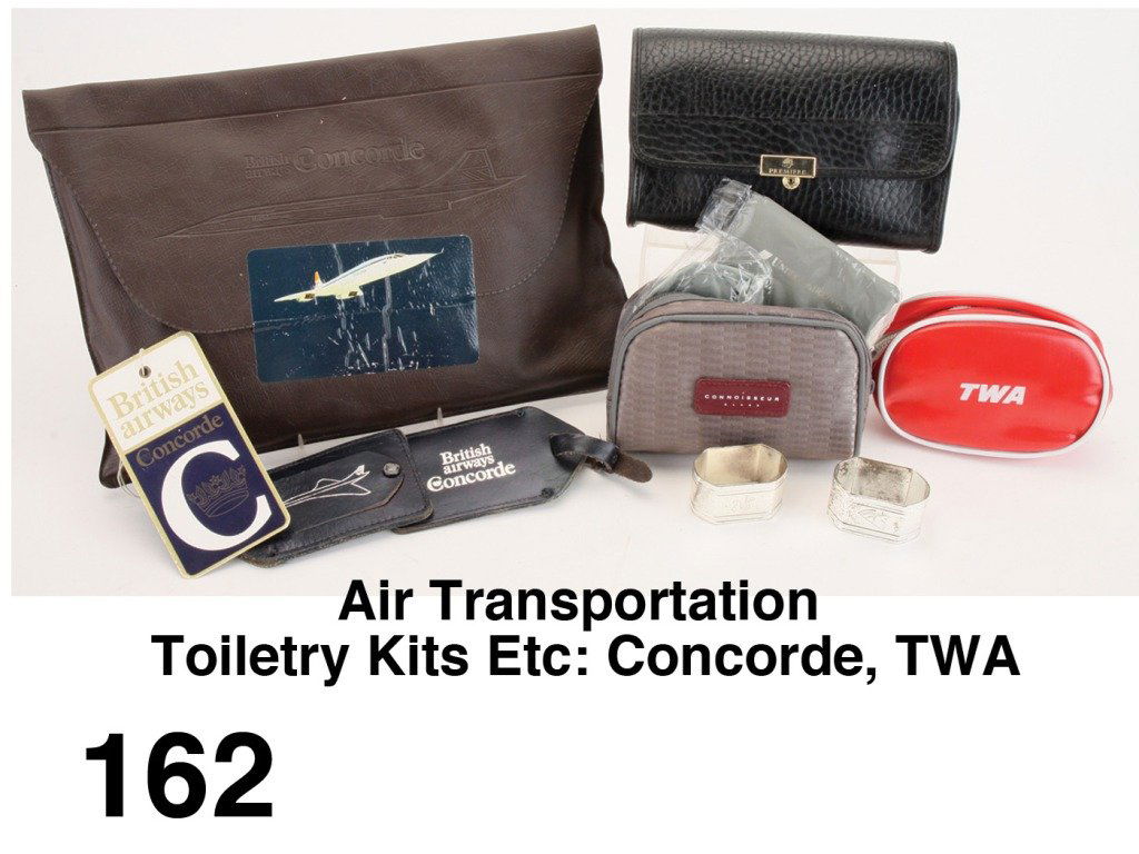 Air Transportation Toiletry Kits Etc: Concorde, TWA: included are several British Airways Concorde items -unopened travel folder circa 1979 presumably with flight magazine, menus, map etc., 2 snap flap luggage tags, Premiere toiletry bag and 2 napkin ri