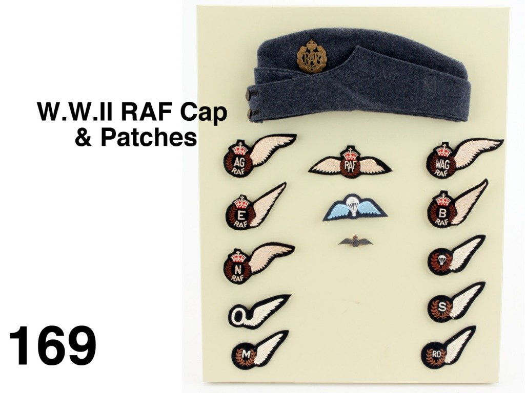 W.W.II RAF Cap & Patches: wool cap with sewn cloth label stating ID number, sz (6 3/8) and 1939 along with RAF cap and wing pins and 12 embroidered patches Size: cap 11" l.