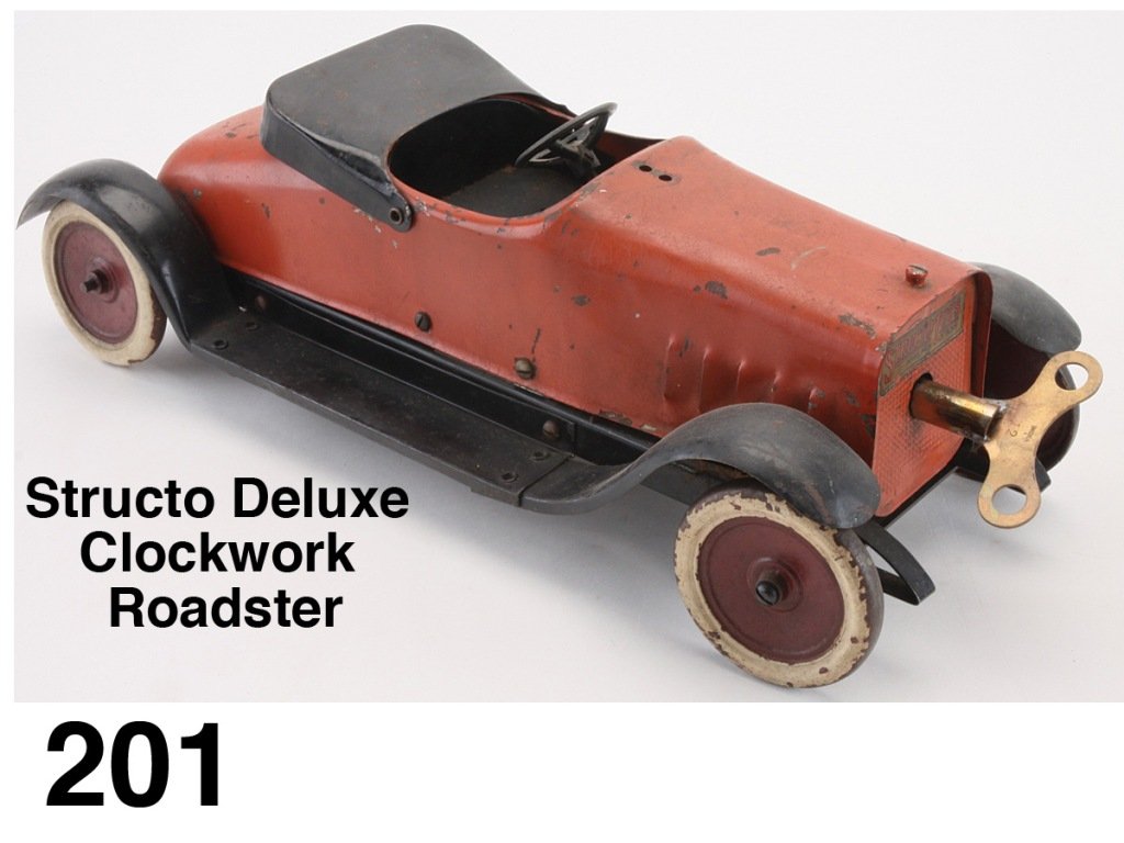 Structo Deluxe Clockwork Roadster: painted pressed steel with complex geared rear wheel drive and robust 3 mainspring clockwork motor, painted cast iron disc wheels, retains original decal on radiator Size: 15" l.