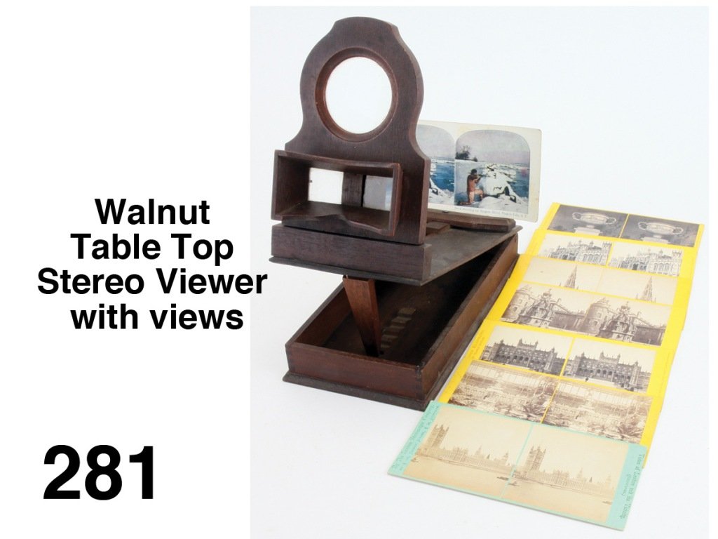 Walnut Table Top Stereo Viewer with views: nicely crafted viewer with stereo lenses and larger magnifier lens, folds compactly for storage, offered with 8 views Size: 10" x 5"