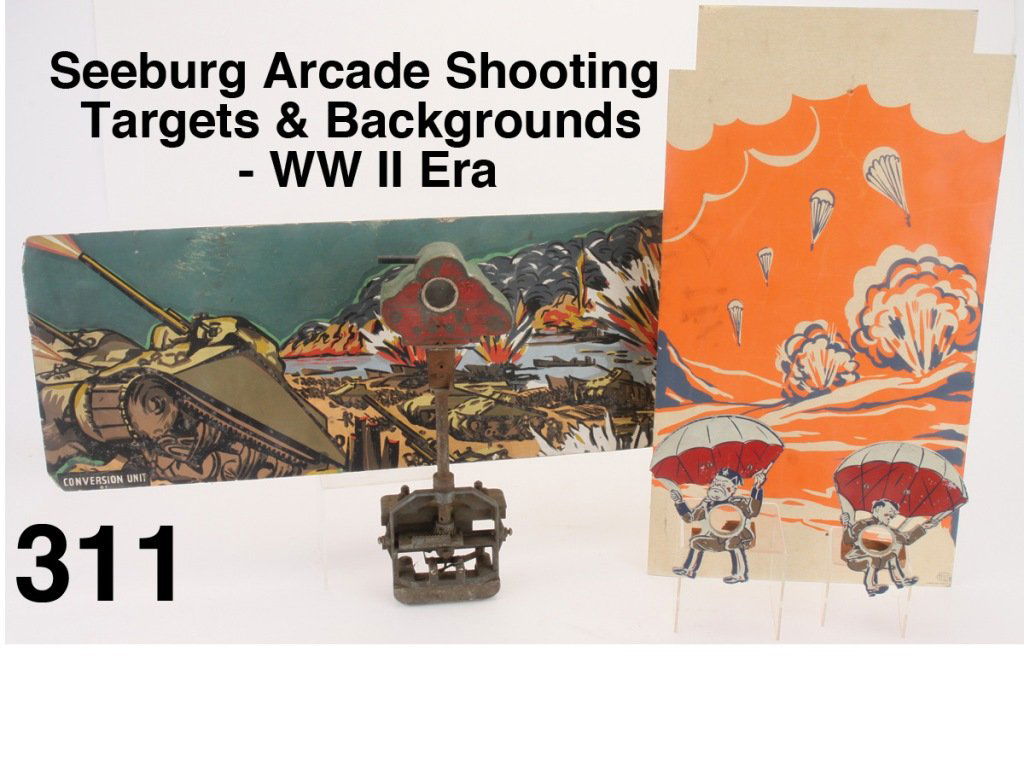 Seeburg Arcade Shooting Targets & Backgrounds - WW II E: targets and backgrounds used by Seeburg in the 1940's to update the Shooting Bear arcade machines - includes screen printed aluminum Hitler & Mussolini in parachutes with with an air drop screen print