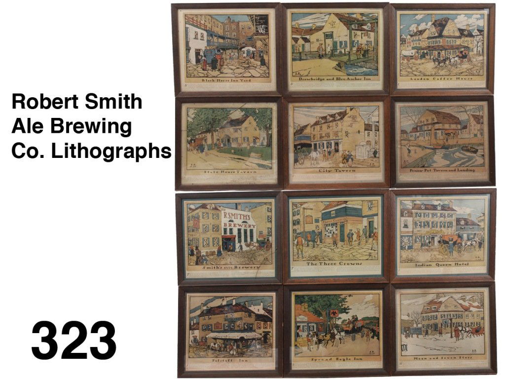 Robert Smith Ale Brewing Co. Lithographs: Twelve of the series of Robt. Smith Ale Brewing Co. ' 1909 lithographs - Inns & Ale Houses of Old Philadelphia in period oak frames under glass. The Three Crowns, Indian Queen Hotel, Falstaff Inn, Moo