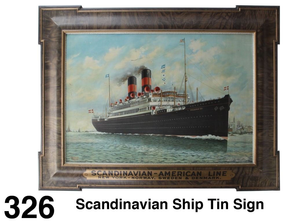 Scandinavian Ship Tin Sign: self framed lithographed tin sign depicting a majestic ocean liner the Frederick VIII, legend on bottom: Scandinavian-American Line; New York-Norway, Sweden & Denmark Size: 41" x 31"
