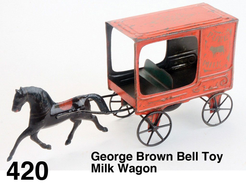 George Brown Bell Toy Milk Wagon: painted and stenciled tin with cast iron wheels, a cast iron bell mounted underneath is rung by lever attached to front axle Size: 12.5" l.