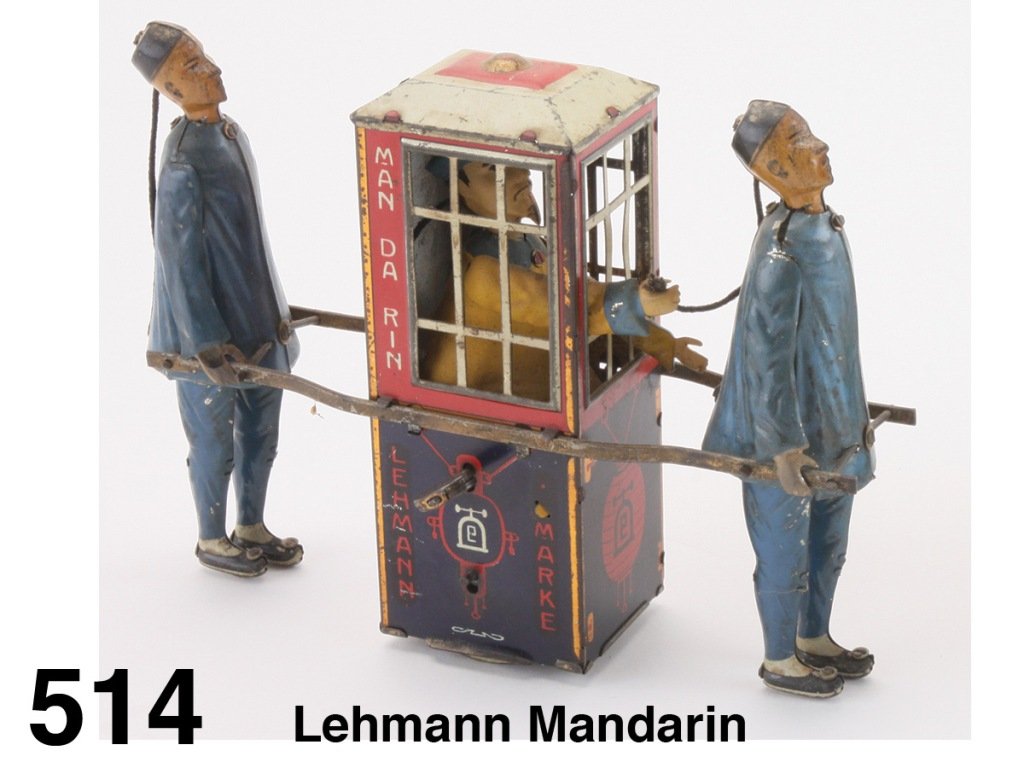 Lehmann Mandarin: lithographed tin, clockwork, shafts attached to outside of sedan indicate earlier version, in good working order Size: 7" l.