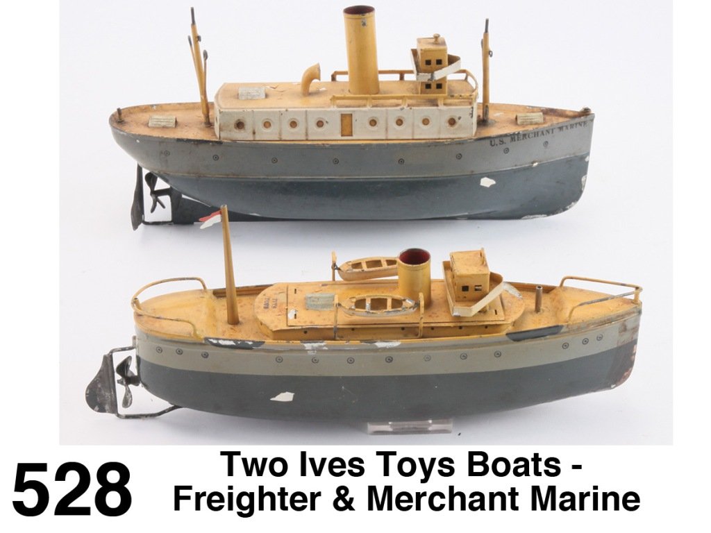 Two Ives Toys Boats - Freighter & Merchant Marine: painted tin with clockwork motors - larger marked US Merchant Marine Size: larger 11" l.