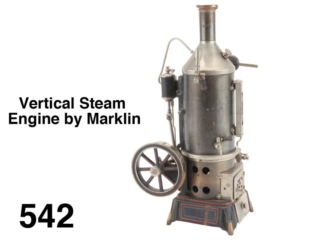 Vertical Steam Engine by Doll: a beautiful and finely crafted vertical steam engine with complex gearing and finely striped castings, unmarked but probably by Marklin, retains all original components including burner Size: 13.5" t.