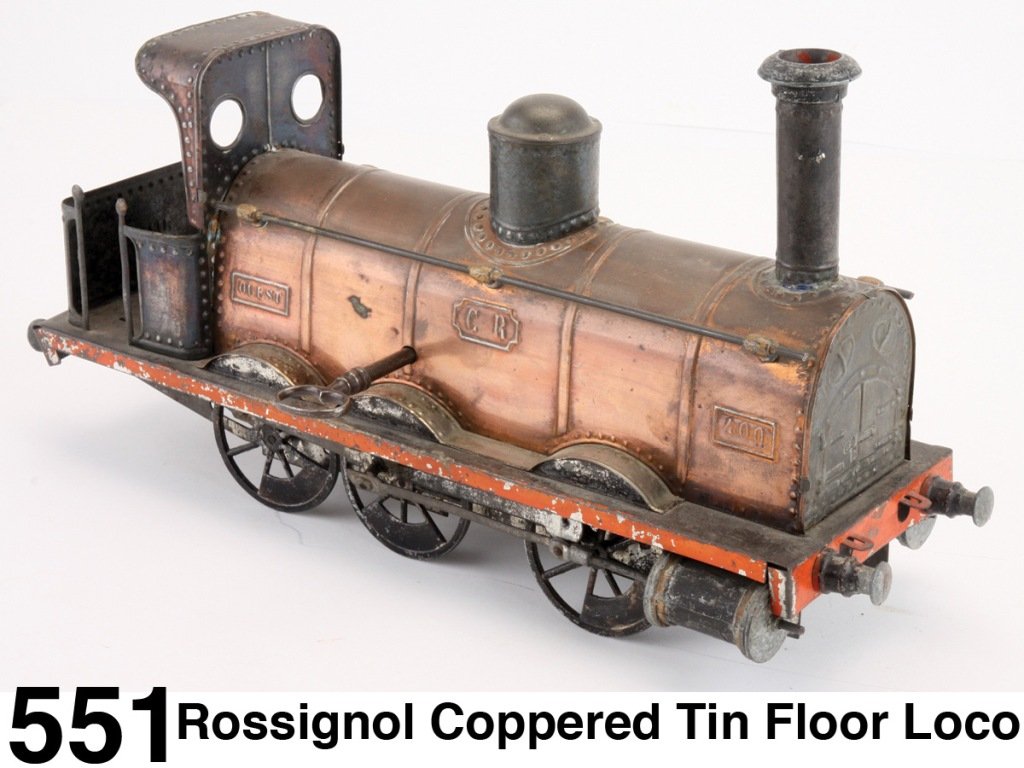 Rossignol Coppered Tin Floor Loco: copper plated French tin clockwork floor locomotive Size: 14" l.