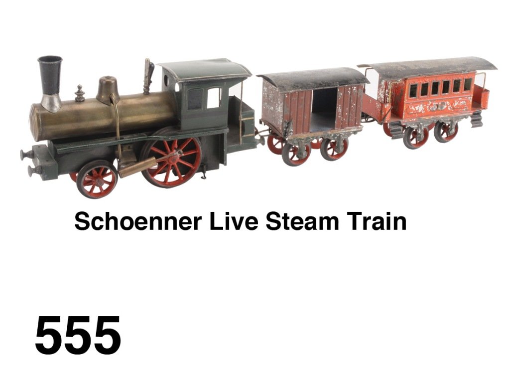 Schoenner Live Steam Train: 0-4-0 English profile live steam loco (restored; no burner) and painted tin I class passenger car and box car (general paint wear and loss) Size: 23" l.