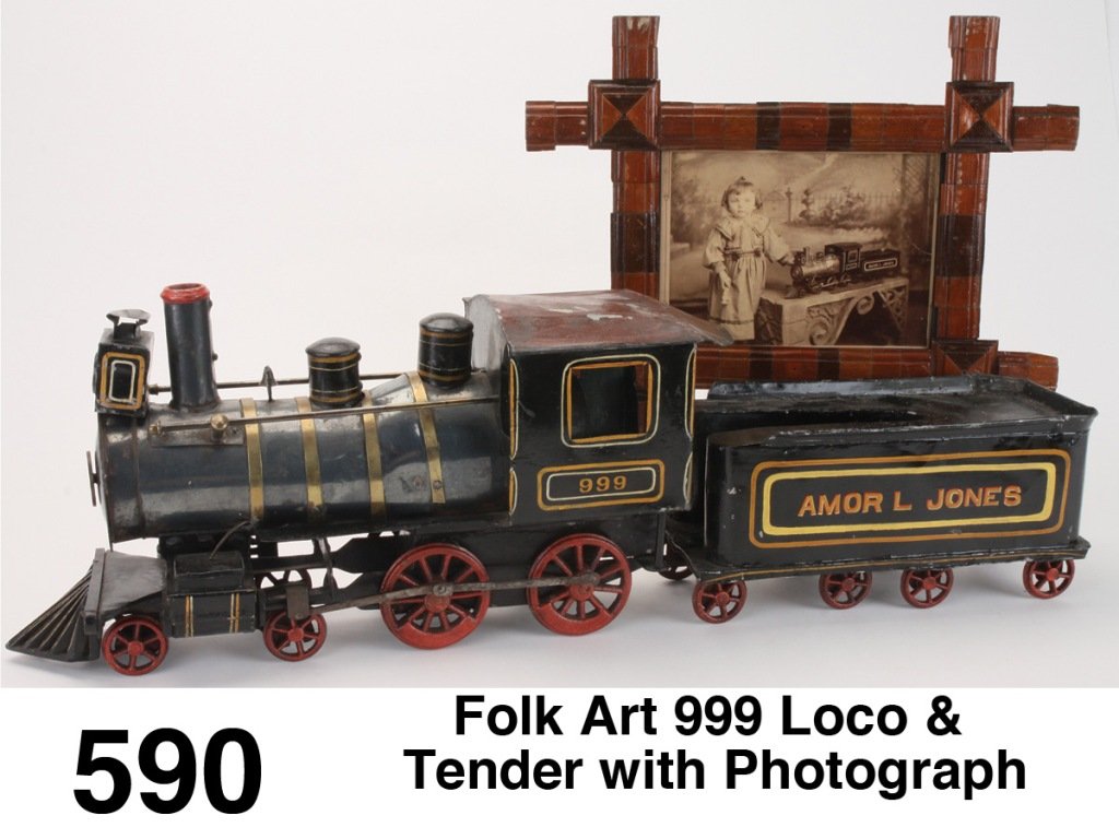 Folk Art 999 Loco & Tender with Photograph: this is one of the most exciting hand crafted trains in the Ralston Collection; various materials were employed in creating this homage to the famed Empire State Express: painted wood including the co