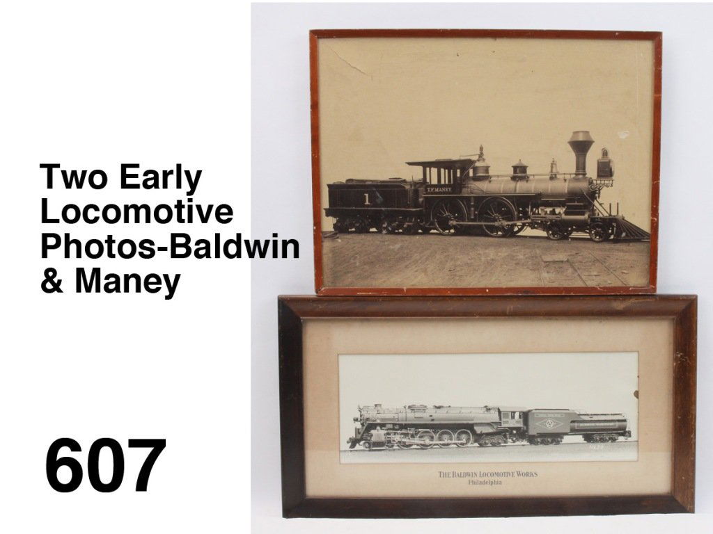 Two Early Locomotive Photos-Baldwin & Maney: both framed, strong image of a 1890's era 4-4-0 locomotive the 'T.F. Maney' along with an impressive 4-8-4 locomotive named on cab 'Governor Thomas Jefferson' with printed original mat Size: Baldwin 2