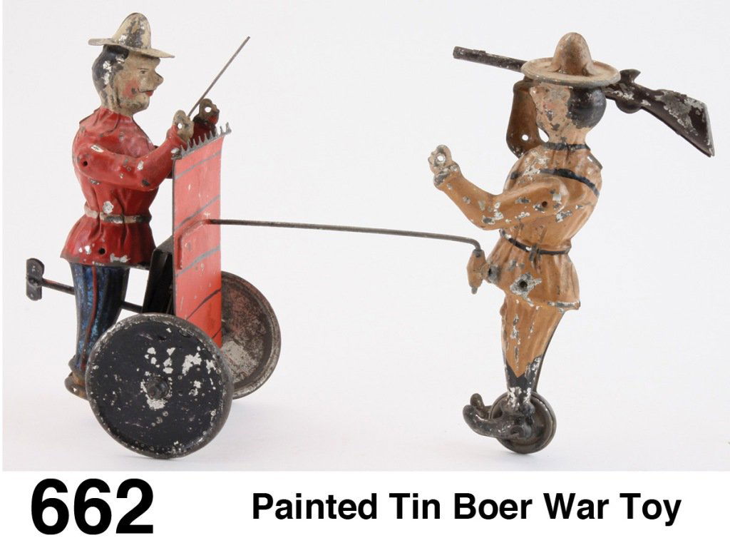 Painted Tin Boer War Toy: painted tin clockwork toy by Gunthermann - a most unusual toy - the first we have seen, it depicts soldiers from the Boer Wars of the late nineteenth and early twentieth centuries which pitted South A