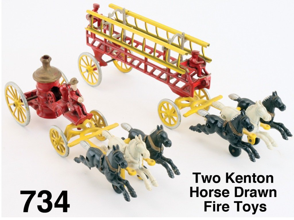 Two Kenton Horse Drawn Fire Toys: painted cast iron, both pulled by a team of 3 horses, ladder truck has steel ladders and 2 original figures, the pumper has integral cast driver, both in amazing original condition Size: 13" & 16" l.