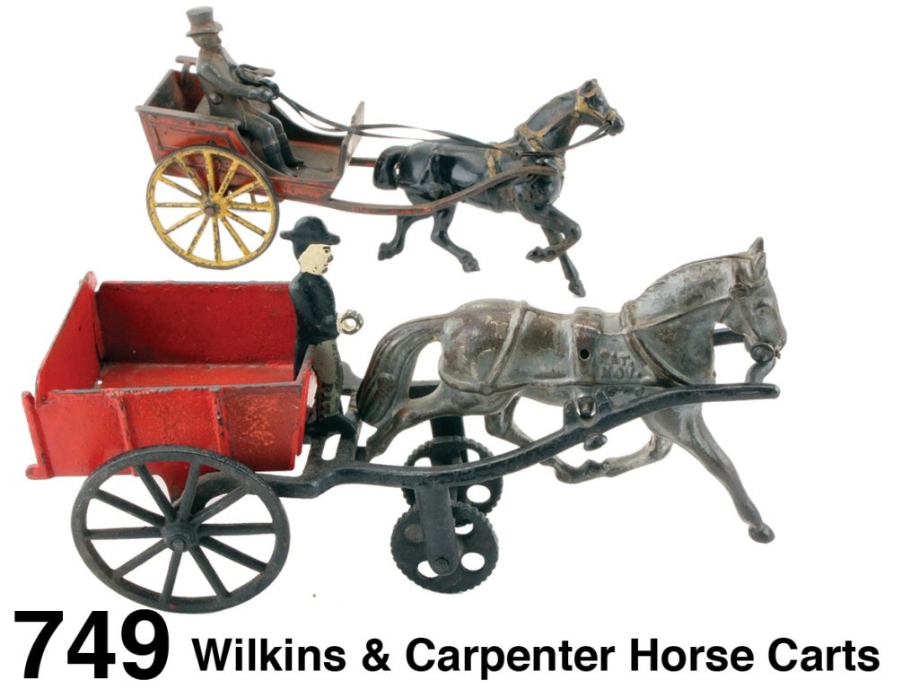 Wilkins & Carpenter Horse Carts: painted cast iron, includes Carpenter dump cart with complex patented horse rocking mechanisms (paint loss on horse, recast driver) along with a Wilkins doctor's cart (paint loss in cart, figure perio