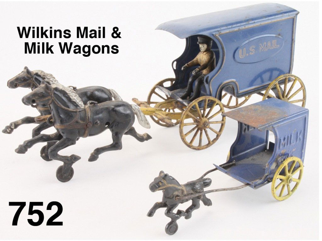 Wilkins Mail & Milk Wagons: painted tin and cast iron, Mail wagon has original driver but incorrect front end Size: 7" & 14" l.