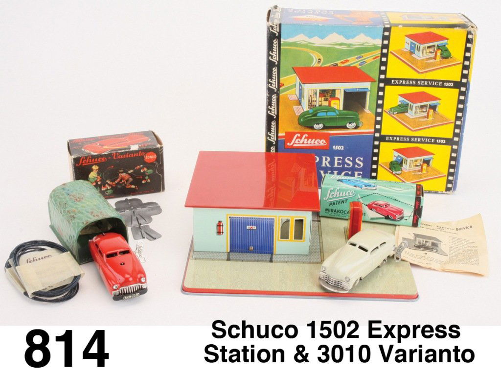 Schuco 1502 Express Station & 3010 Varianto: lithographed and painted tin key wind cars - Mirakocar 1001 and 3041 Varianto Limo with 1502 express station in original boxes. Size: station 9.5" w. x 8" d. x 2.75" t.
