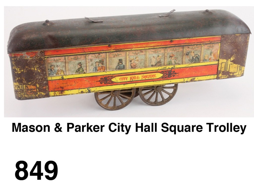 Mason & Parker City Hall Square Trolley: early lithographed paper on tin inertia powered trolley; sides retain strong portions of bright lithography Size: 18.5" l.