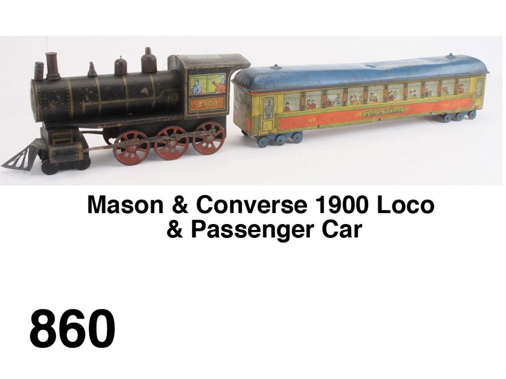 Mason & Converse 1900 Loco & Passenger Car: painted steel and wood 4-6-0 engine with lithographed conductors on cab sides with 1901 Manila passenger coach with colorful lihograped sides Size: 41" l.