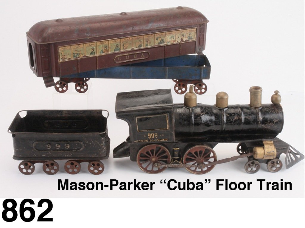 Mason-Parker 'Cuba' Floor Train: painted tin, wood and cast iron #999 engine with #999 tender and convertible 'Cuba' passenger coach with lithographed paper images of travelers, coach section lifts off to reveal gondola Size: 53" l.