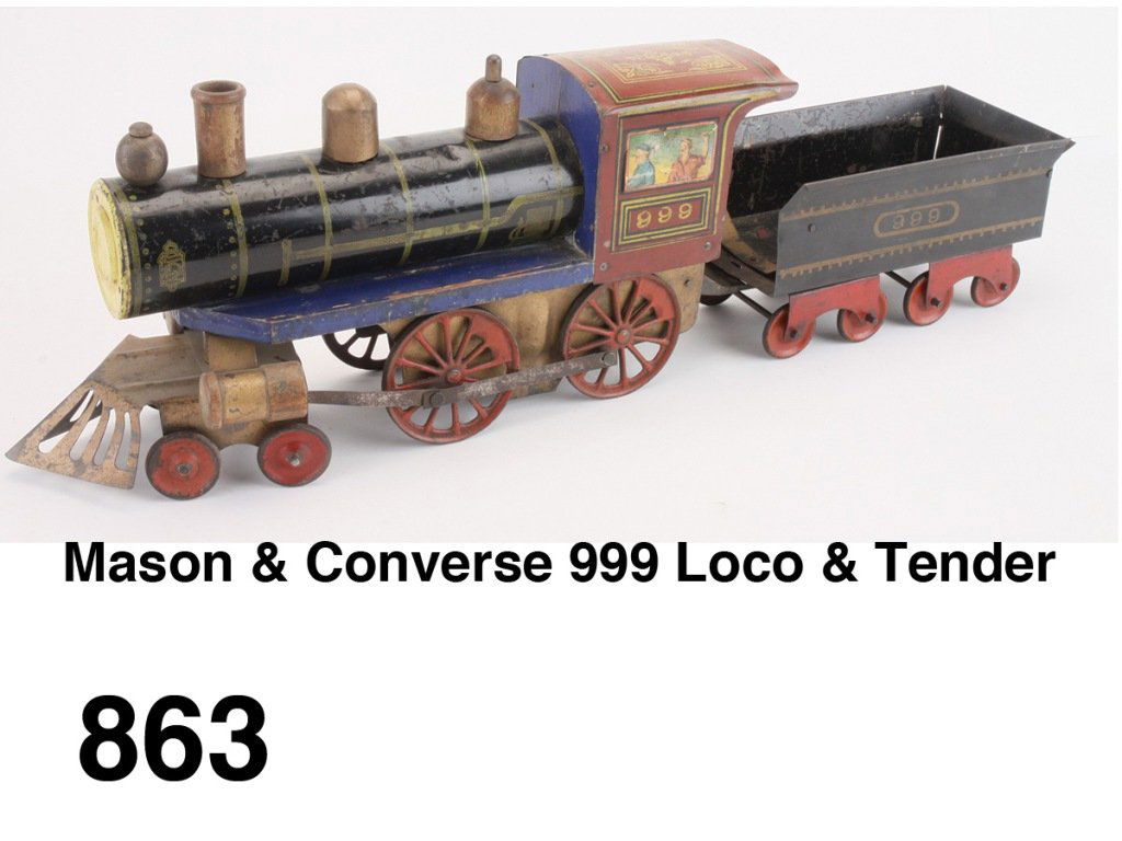 Mason & Converse 999 Loco & Tender: painted pressed steel and wood 999 4-4-0 engine with lip conductor in stencil decorated cab Size: 27" l.