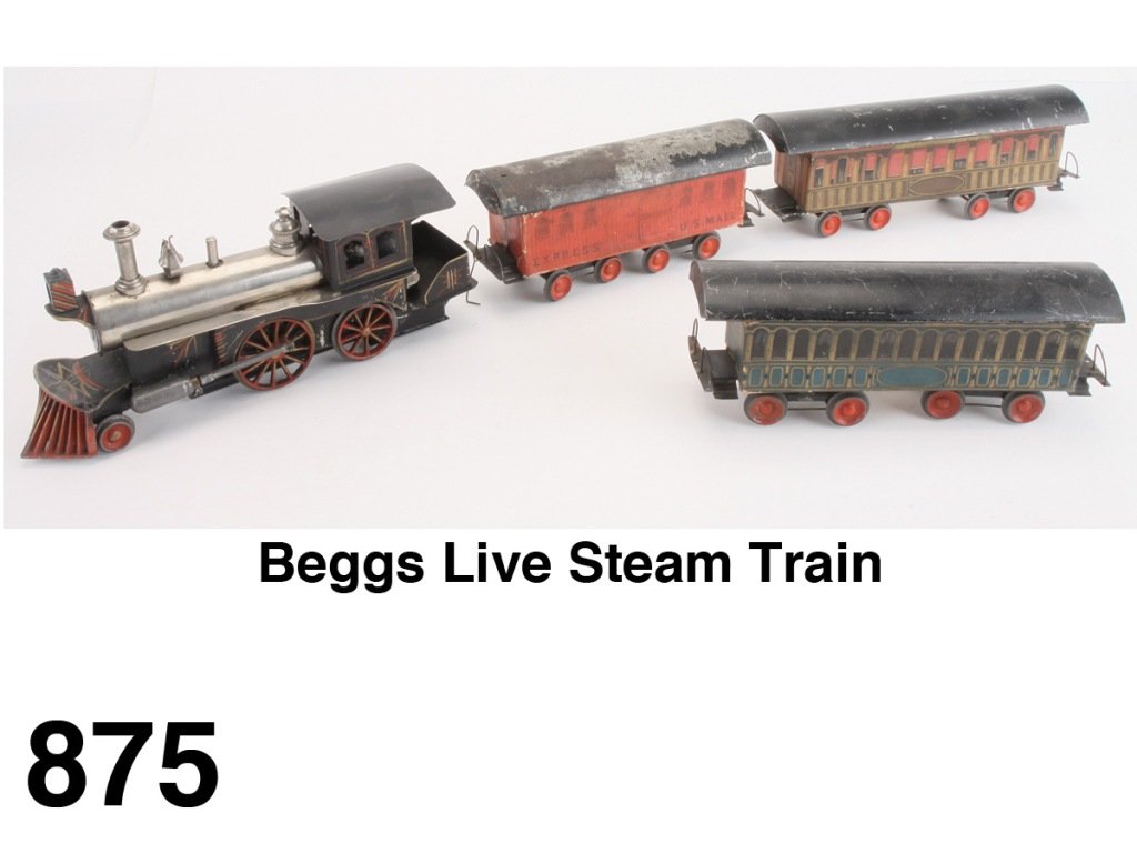 Beggs live Steam Train: American steam profile 2-2-2 live steam engine with integral tender and 3 lithographed paper on cardboard coaches with painted tin roofs-U.S. Mail Express, passenger car and "Beggs' Drawing Room Car" 