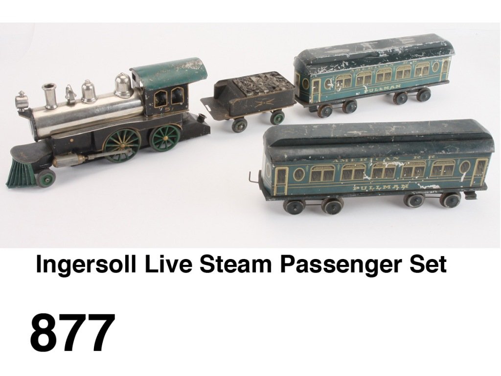 Ingersoll Live Steam Passenger Set: American steam profile 2-2-2 live steam engine complete with burner, tender and 2 lithographed tin Pullman cars with painted tin roofs Size: e & t-16" l., cars 11.5" l.