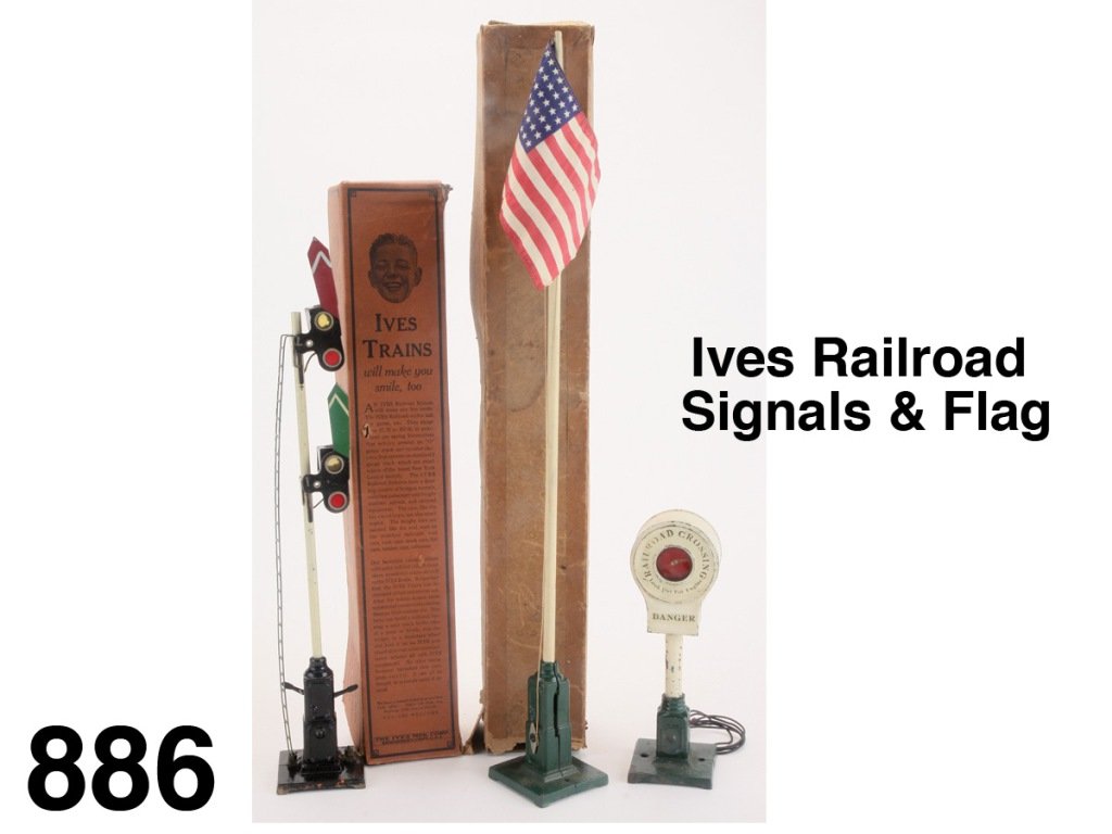 Ives Railroad Signals & Flag: included is no. 87 flag (48 star) with box, 301 double arm semaphore with illustrated box and 333 bell and light banjo signal Size: flag 21" t.