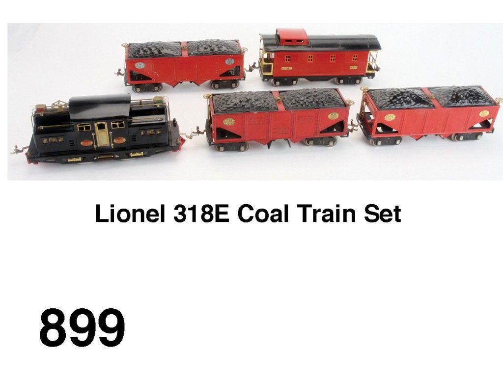 Lionel 318E Coal Train Set: standard Gauge 318E electric outline electric engine with "Super" motor (restored), two 516 red hoppers with coal loads (no data on sides) (1 with area of paint flaking on underside and 1 set of truck