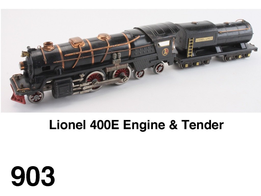 Lionel 400E Engine & Tender: American steam profile 4-4-4 electric locomotive with copper trim, 'Standard' motor with oil tender with 6 wheel trucks; both black Size: 32" l.