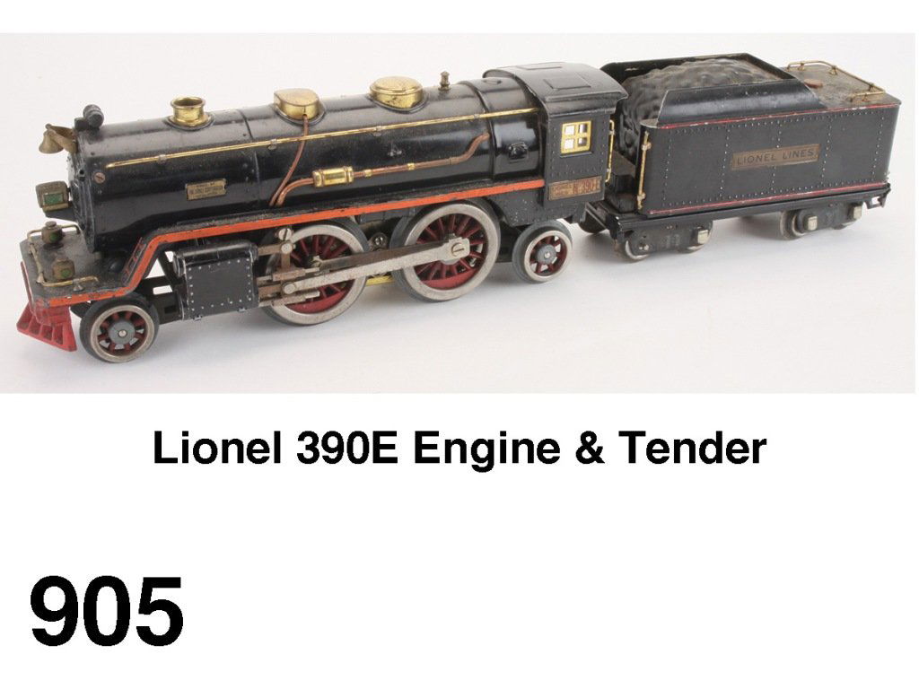 Lionel 390E Engine & Tender: 2-4-2 standard gauge 390E American steam profile electric engine (black) with Bild-A-Loco motor and 390T tender with 4 wheel trucks Size: 23" l.