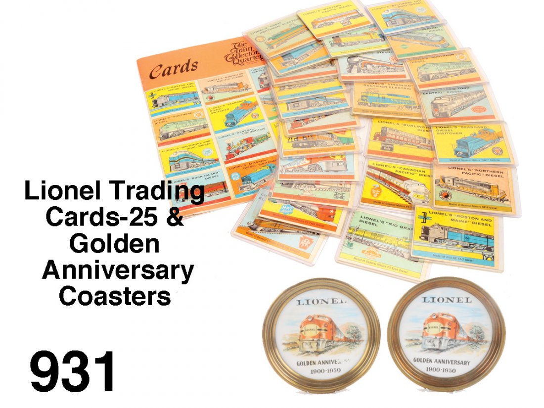Lionel Trading Cards-25 & Golden Anniversary Coasters: postwar trading cards with various GE and GM locomotives pictures and facts and 2 painted milk glass with metal trim coasters by Lenox Silver , Inc. for the 1900-1950 Lionel golden anniversary Size: a