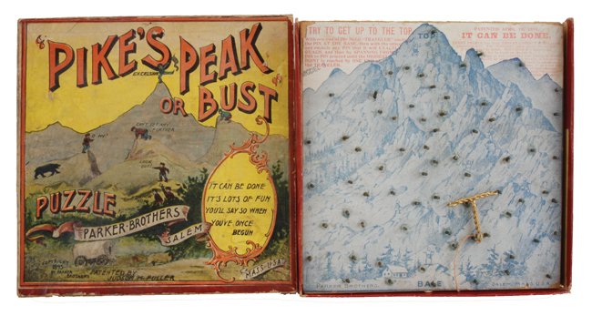 Lot: Pikes Peak Puzzle & Ten Dexterity Puzzles: colorful lithographed boxed Parker Brothers mountain climbing puzzle along with 10 various dexterity puzzles - high button shoe, performing dog, birds, bear etc. box 7" x 7"