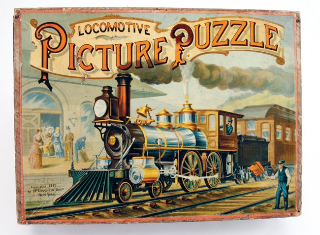 McLouglin Locomotive Picture Puzzle: lithographed paper on heavy board with partial original box, McLoughlin utilized state-of-the-art color lithography in their printed items and this puzzle retains the strong colors they were famous fo