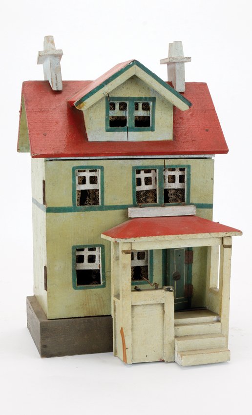 A Small Gotschalk Red Roof Dolls' House: painted wood 2 room house with opening front, retains all original wall paper, window mullions and lace curtains, unusual feature is opening roof hatch in rear for attic access 8" x 5" X 14" t.