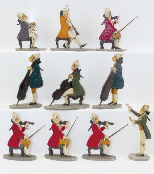 Painted Wood Chamber Orchestra: painted wood musicians in 19th century garb - 9 musicians - violins, cellos, etc. - and a leader, all marked Germany leader 4" t.