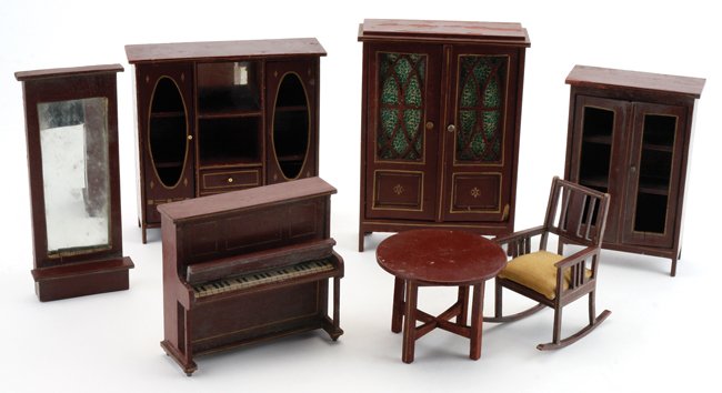 Large Scale Gottschalk Furniture: painted wood and pressed board breakfront, upright piano, cabinet, curio, table, chair and hall mirror breakfront 6.75" w.