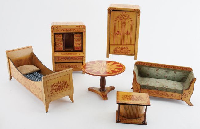 Dolls' Size Biedermeir Furniture Suite: circa early to mid 1800's, stencil decorated varnished wood 6 piece set includes bed, wardrobe, pedestal table, fall front chest, sofa and smaller piece that appears to have been part of another piece