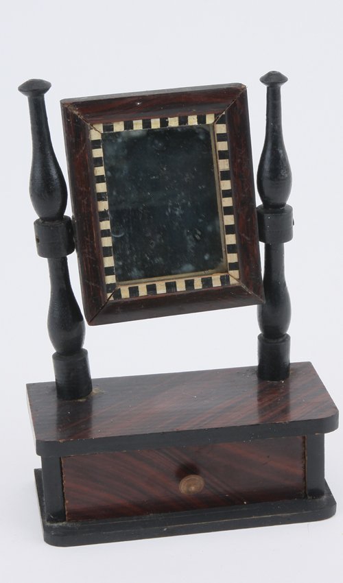 Early Kestner Dressing Table Mirror: German, circa 1850's, larger scale faux wood grained stand with swivel mirror 3.5" w. x 5.25" t.