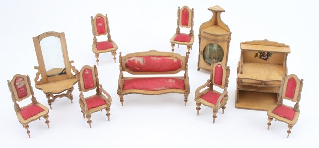 German Parlor Suite for the French Market: circa 1870-80's, smaller scale blonde wood suite upholstered in pink silk with gold paper band edging - settee, 2 arm chairs, 4 side chairs, corner cabinet, hall mirror and desk settee 4.5" l. x 3.5"