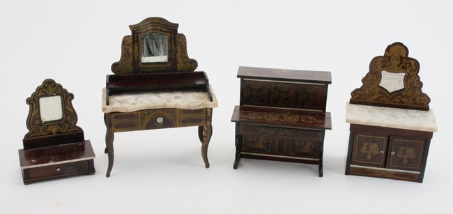 Waltershausen Piano & Dressing Tables: rosewood toned wood and marble with gilt transfer decorations, early reverse color key upright piano, marble top dressing and wash stands and table dressing mirror piano 4.25" w. x 4" t.