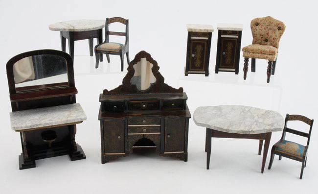 Waltershausen Dining Group: rosewood tone wood with gilt transfer decoration, 2 marble top tables (repair to 1 cracked top), 2 commodes, 3 side chairs (wear to upholstery), tiered breakfront (some drawers incomplete, top left dr