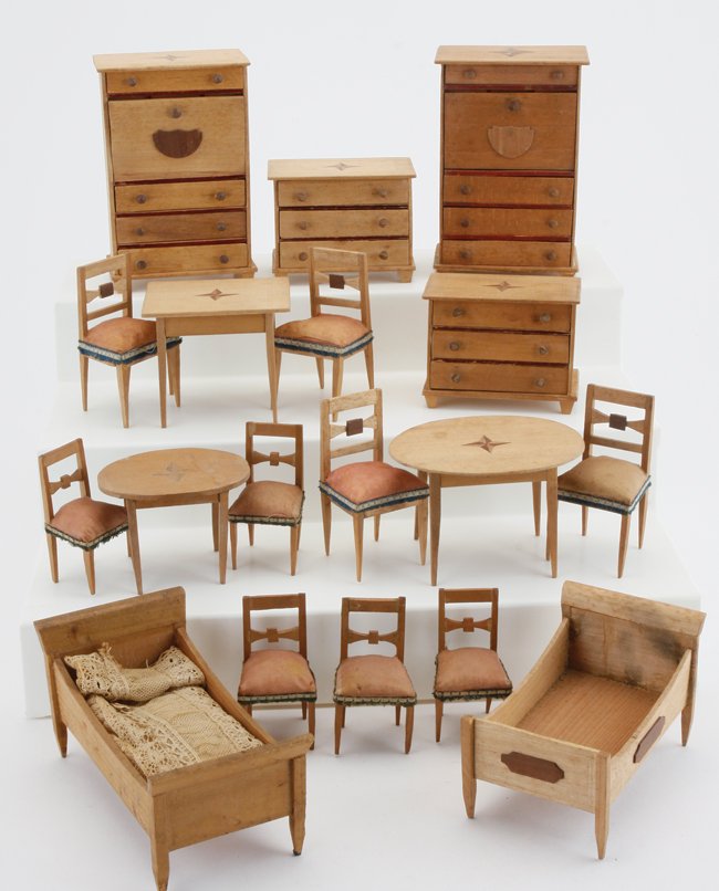 Early Rau Inlaid Furniture: circa early 1800's, unstained wood furniture with inlaid and applied decoration, 2 beds, 2 dropfront secretaries, 2 chests of drawers, 3 tables, 4 side chairs with silk seats and 5 smaller scale side