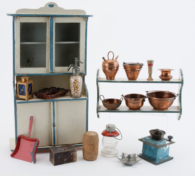 German Kitchen Cabinet, Wall Shelf & Accessories: later 19th century, painted wood open wall shelf and glass door cabinet along with painted tin coffee grinder, dust pan, bread box, candle holder, brass pots and pails, glass lantern candy container, 