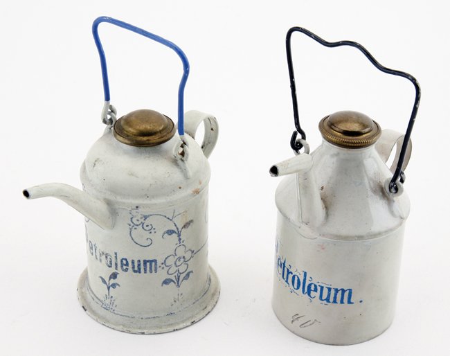 Two Marklin Petroleum Cans: painted and stenciled tin oil cans appr. 2.5" t. each not including handle