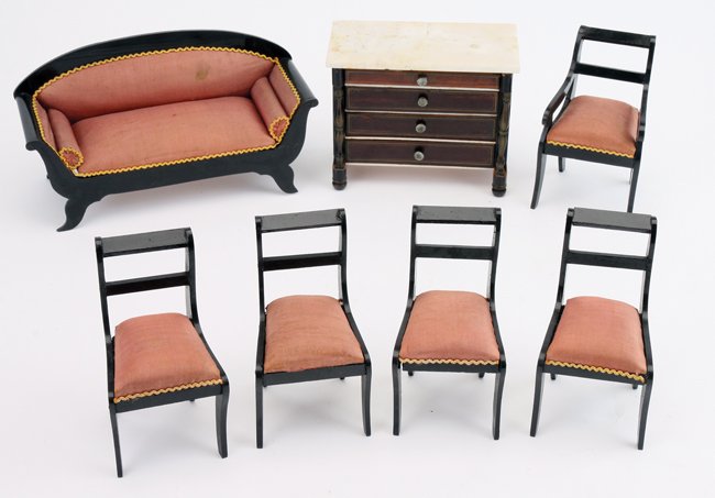 Kestner Parlor Suite: German, circa 1830-40's large scale sofa, arm chair and 4 side chairs upholstered in silk with ric rac trim (probably later replacement) along with later Waltershausen marble top chest (repaired crack