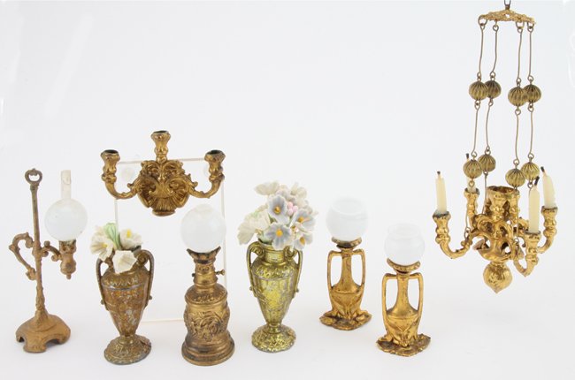 Ormolu & Gilt Dolls' House Lighting & Vases: Erhard & Sohne 4 arm chandelier, 3 arm wall candle holder, 2 Art Nouveau lamps (replaced globes), 2 vases along with 2 other gilt oil lamps (possibly Gerlack) (1 clear chimney chipped chandelier 2.5"